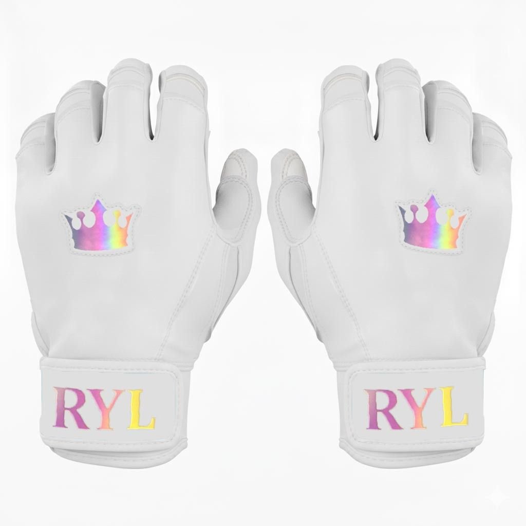 Batting Glove Single Strap - White with Rainbow Crown