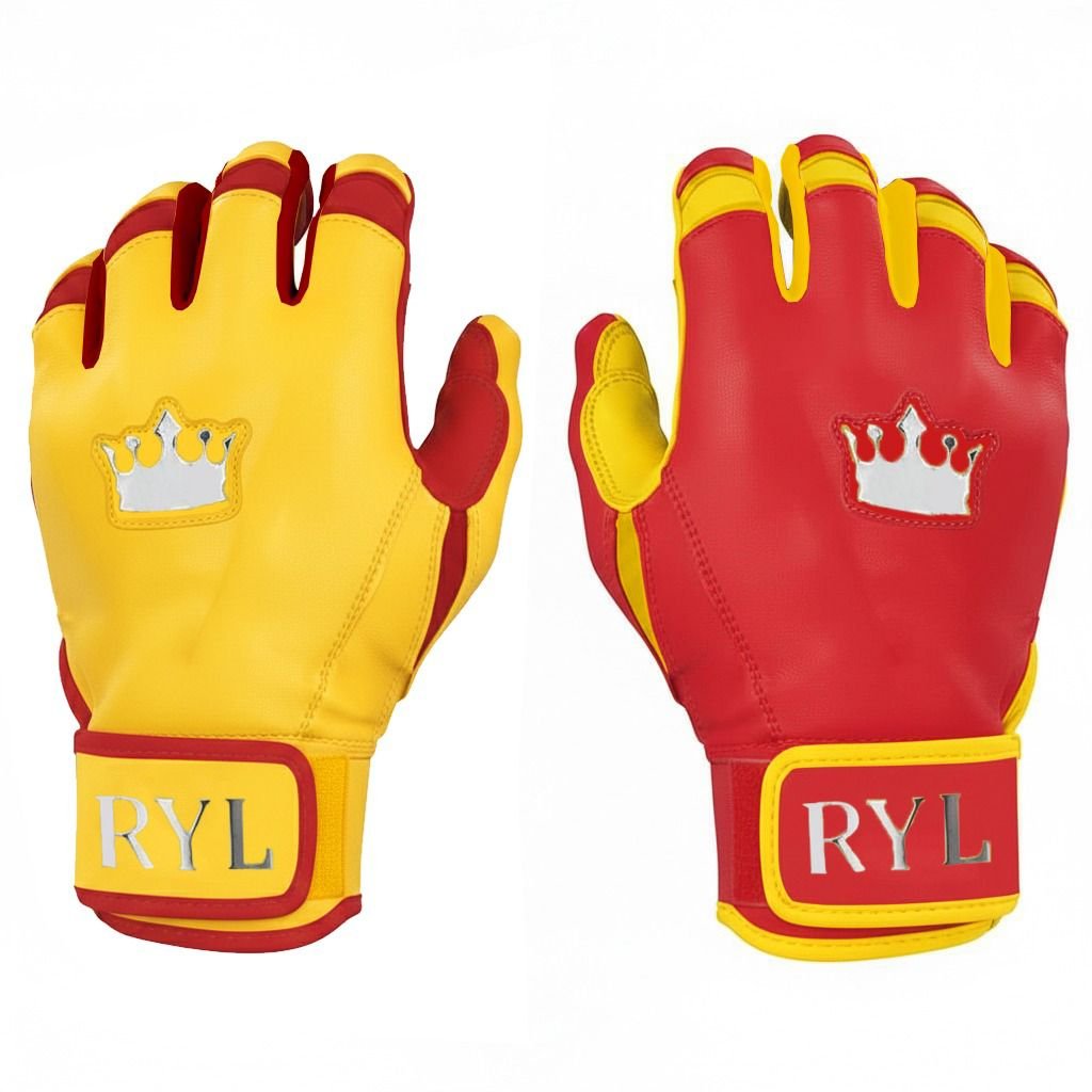 Batting Glove Single Strap - Yellow/Red Reverse With Chrome Crown
